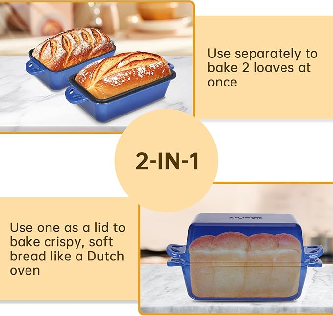 9x5 Enameled Cast Iron Loaf Pan with Lid - 2 in 1 Sourdough Bread Pan for Homemade Baking