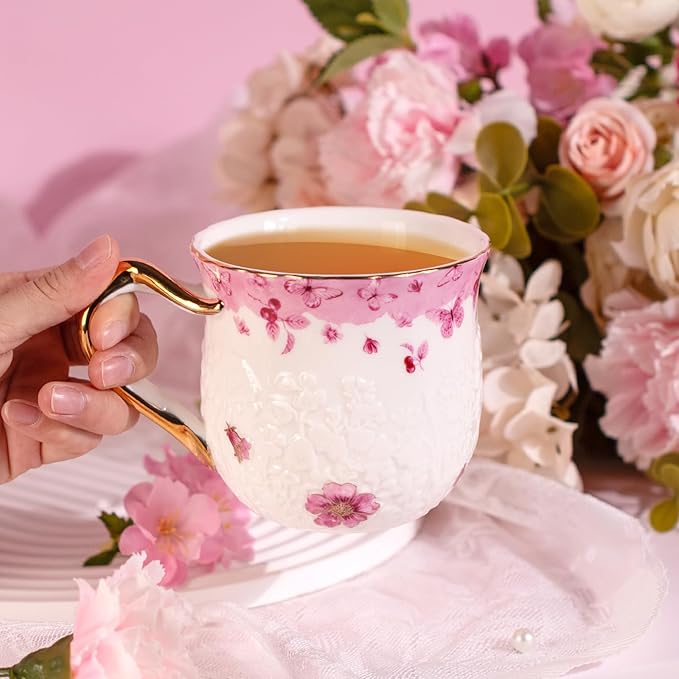 KAMMAK Coffee Mugs Ceramic Espresso Cups 16oz Porcelain Tea Cups Set of 2 Large Cappuccino Mugs with Handle Demitasse Mug for Hot Cocoa, Latte, Breakfast Cereal, Americano (Butterfly)