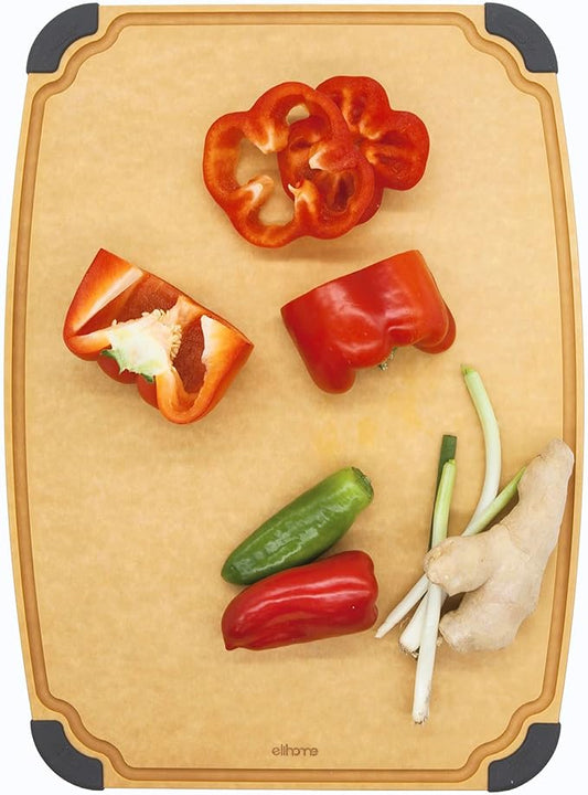 Elihome Essential Series Cutting Board for Kitchen- Natural Wood Fiber Composite, Dishwasher Safe, Eco-Friendly, Juice Grooves, Non-slip Feet, Non-Porous, Reversible, BPA Free, Large- 14" x 10")