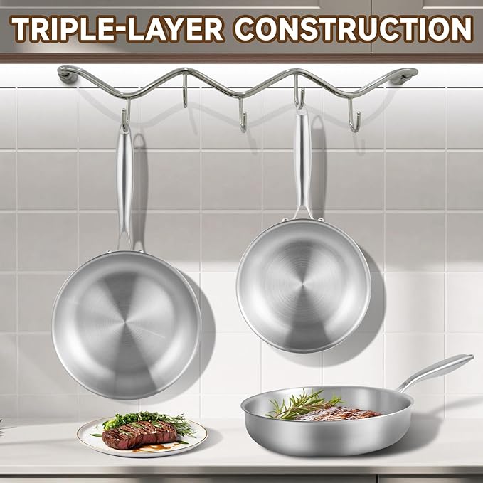 GOLDEN KEY 10 inch Tri-Ply Stainless Steel Pan,Stainless Steel Skillet with Lid,Frying Pan with Lid Compatible with All Cooktops Up to 600,Dishwasher Safe