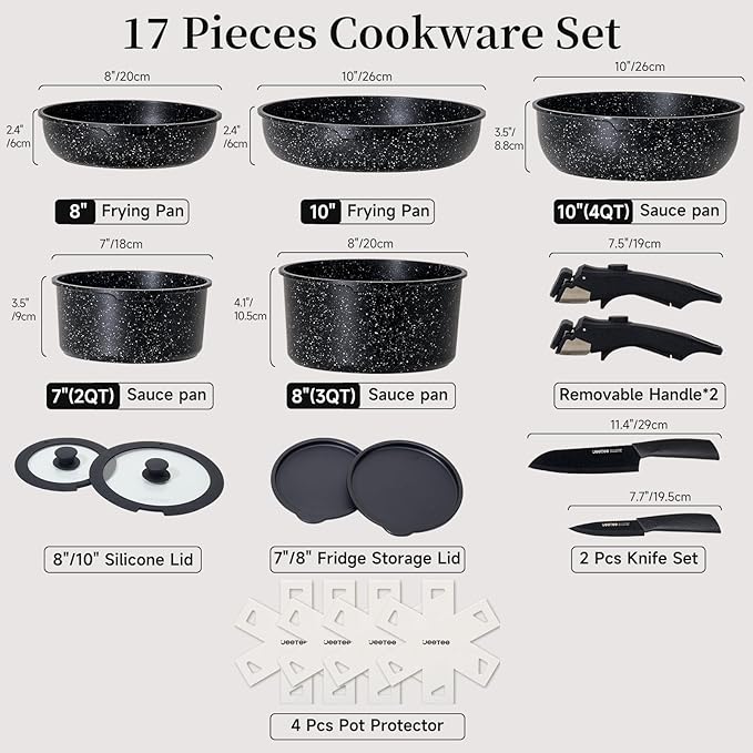 JEETEE Pots and Pans Set Non Stick 17pcs, Kitchen Cookware Sets with Detachable Handle, Induction Nonstick Cookware Set with Removable Handle, Stackable RV Cookware, Oven Safe, PFAS/PFOA Free, Black