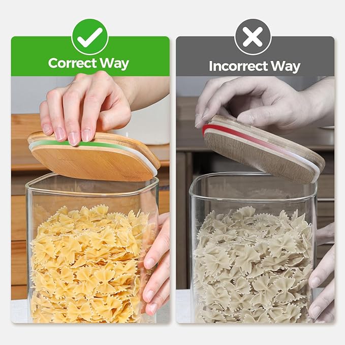 Glass Flour and Sugar Containers, Square Glass Containers with Bamboo Lids, Gallon Jars with Bamboo Lids for Cookies, Coffee Beans （2 pack 1.6/4.6 qt）