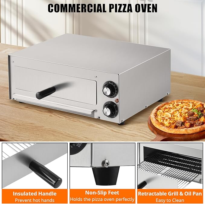 1100W Countertop Electric Pizza Oven,Stainless Steel Pizza Oven Maker with Timer & Removable Tray for Home, Kitchen & Restaurant, Silver