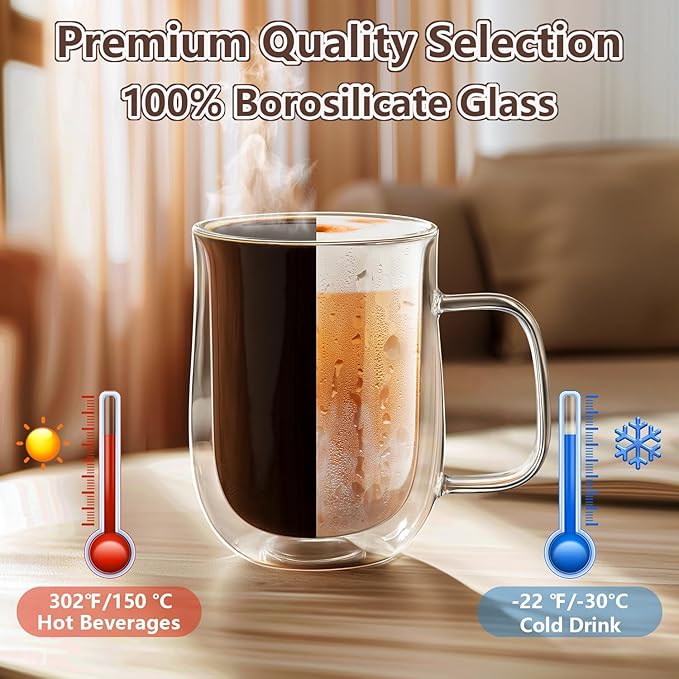 Double Walled Glass Coffee Mugs 16 OZ, Borosilicate Glass Coffee Cups Set of 4 with Spoons, Insulated Clear Coffee Mug for Hot Beverages, Cappuccino, Latte, Tea Bag.