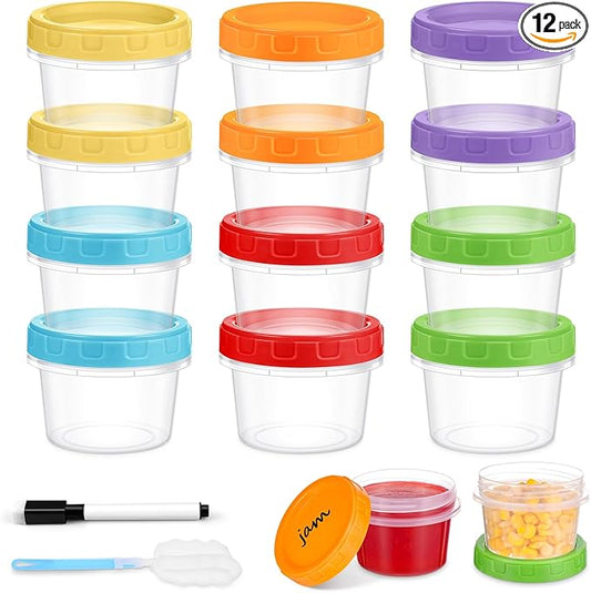 4 oz Small Plastic Containers with Lids, 12 Pack Stackable Small Freezer Container, Reusable 1/2 Cup Food Containers for Snack Puree Fruit, with Pen and Brush, Microwave & Dishwasher Safe
