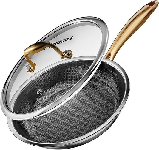 Fogdream 8” Pots and Pans Set Non Stick, Stainless Steel Pan with Lid, Dishwasher and Oven-Safe Frying Pan, PFOA Free and Induction Compatible Cookware Set, Gold