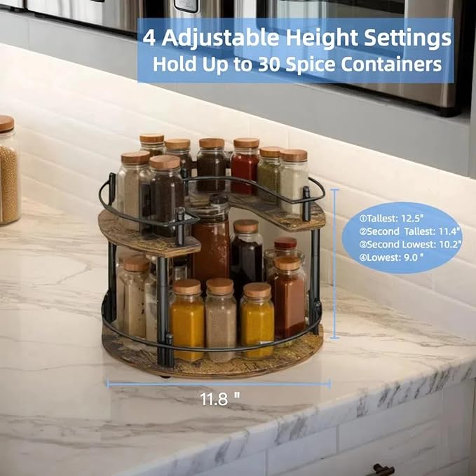 2-Tier Wooden Lazy Susan Turntable Organizer for Cabinet, Table Top, Kitchen, Pantry, Bathroom, Vanity Countertop, Rotating Wood Lazy Susans Rack for Spice, Seasoning Storage Organization(Round)