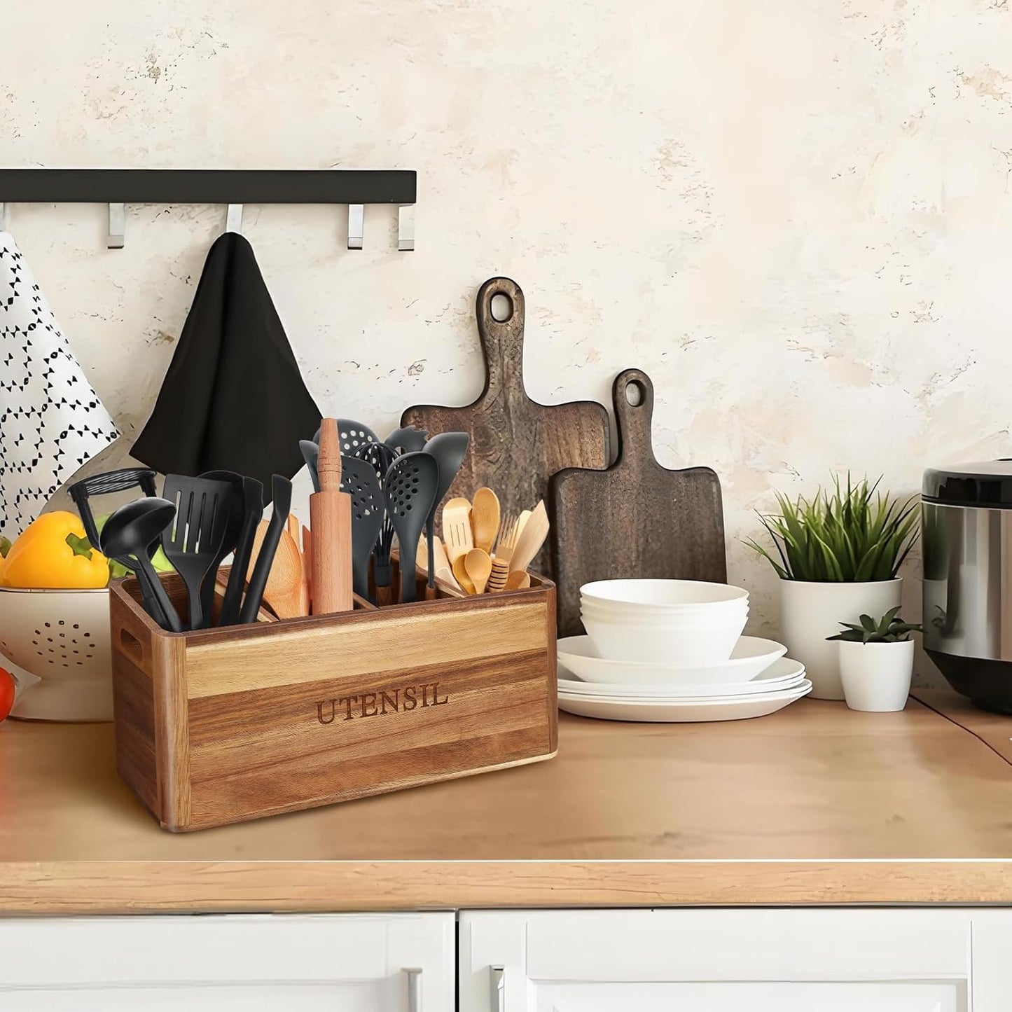 Kitchen Utensil Holder with 4 Compartments, Large Acacia Wood Utensil Caddy Storage Caddy Organizer Countertop for Flatware Silverware Fork Spoon Spatula