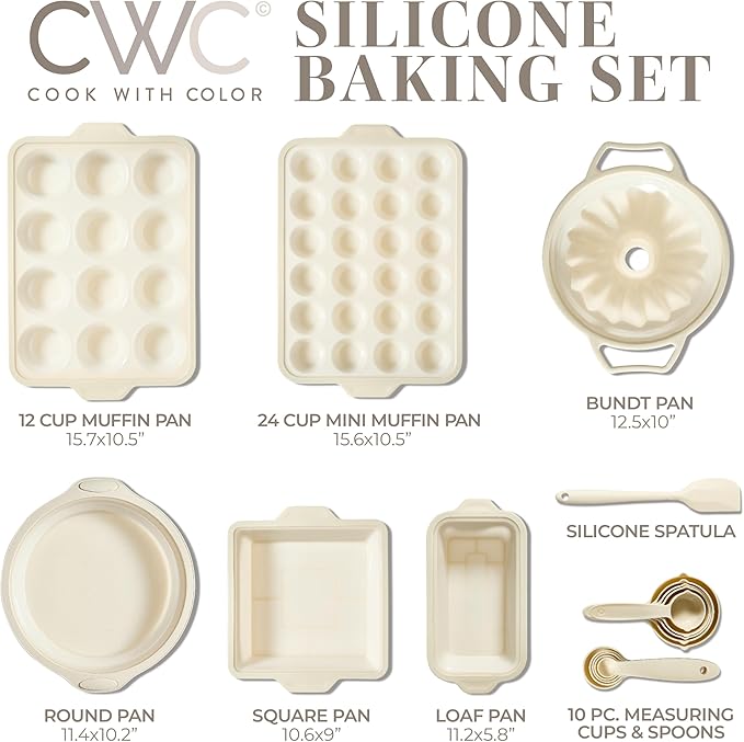 COOK WITH COLOR 17 Pc. Silicone Baking Pan Set - Non-Stick & Easy Clean Silicone Muffin Pans for Baking with Sturdy Metal Frame for Stability, Flexible Cake Molds, Includes Measuring Cups and Spoons