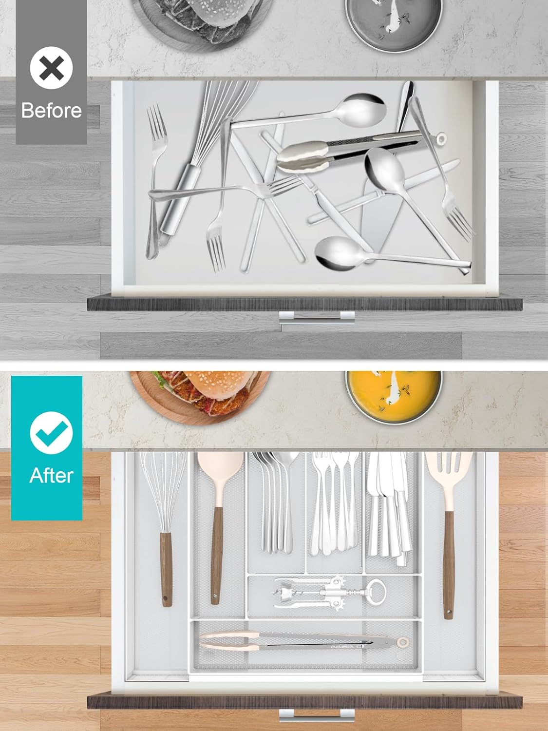 Silverware Organizer Metal Mesh, Large Drawer Organizer, Utensil Cutlery Tray for kitchen drawers, Expandable Flatware Organizer with 8 Compartment White 11.6"~20" x 17.3"