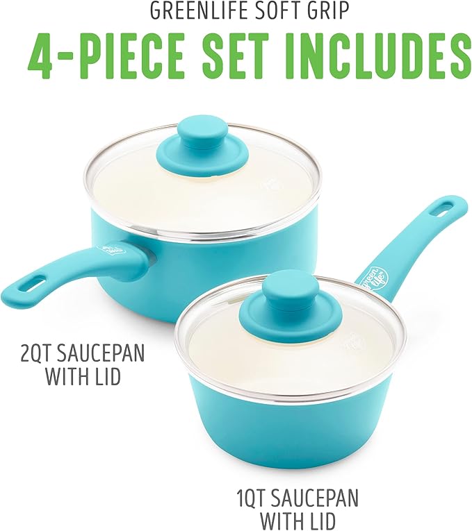 GreenLife Soft Grip 1QT and 2QT Saucepan Set, Healthy Ceramic Nonstick, Non Toxic PFAS & PFOA-Free, Dishwasher Safe, Glass Lids, Stay-Cool Handles, Easy Clean Cookware, Kitchen Essentials, Bright Blue