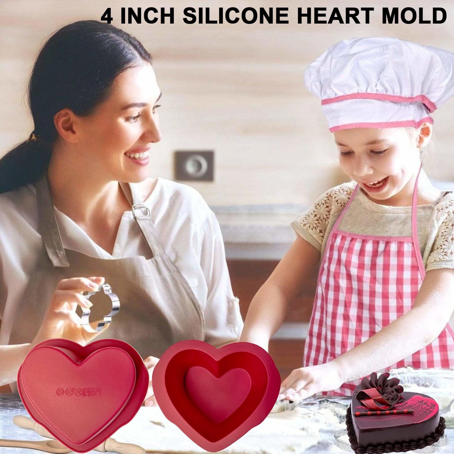 Silicone Heart Shaped Cake Pans Set of 4, NonStick Easy Release Heart Silicone Mini Cake Molds for Baking Bread, 4X2 inch Brownies Pan Set for Oven, Microwave, Air Fryer and Freezer