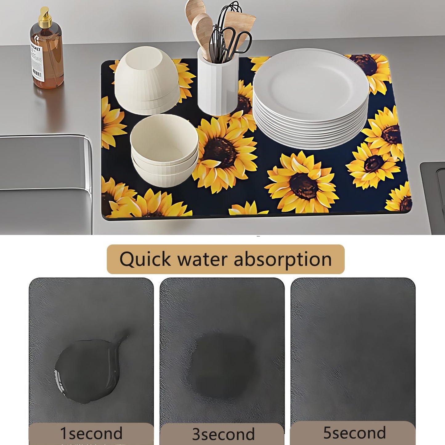 Dish Drying Mat Foldable Fall Kitchen Drying Mat Absorbent Sink Mat Multi-Purpose Coffee Pad Easy To Clean,Kitchen Gadgets,sunflower decor(sunflower) (12inches*15inches)