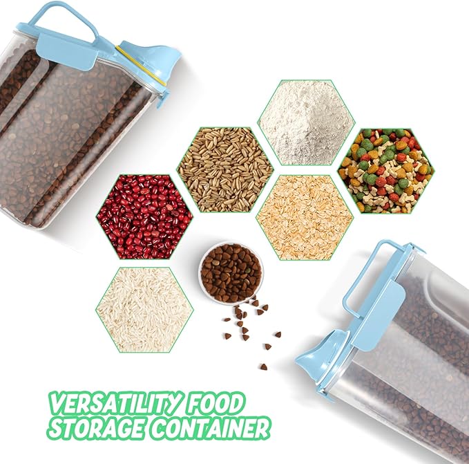 Dog Food Storage Container, Upgraded Large Nozzle BPA-free, 3-5 LBS Plastic Pet Food Storage Containers, With 4 Sealed Clasps, 1 Measuring Cup and Handle (Bright blue-A)