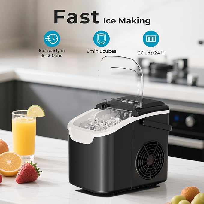 Countertop Ice Maker Machine, 8 Bullet Ice in 6 Mins, 26.5lbs/24Hrs, Self-Cleaning Portable Design with Selectable Ice Size & Touch Display for Home/Office/Bar