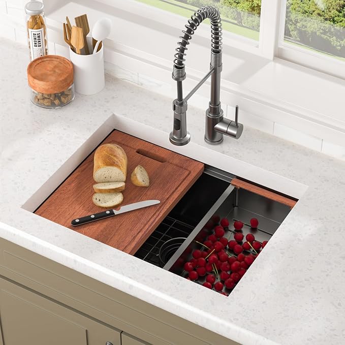 Lordear 25 Inch Black Kitchen Sink Undermount Kitchen Sink Workstation 25x19x10 Gunmetal Black 16 Gauge Stainless Steel Single Bowl