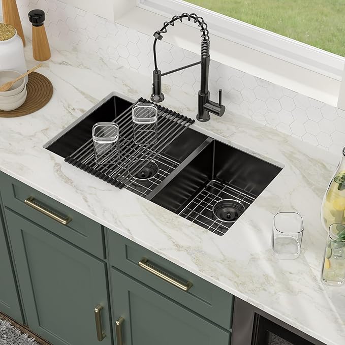 Logmey 33x19 Gunmetal Black Undermount Double Sink - 60/40 Double Bowl Stainless Steel Sink