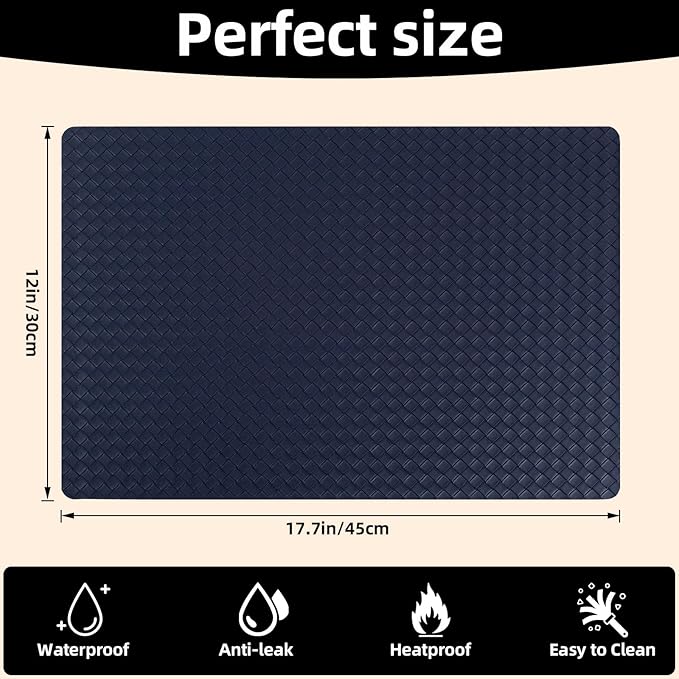 Vinyl Placemats Set of 6-12×17.7 Inch Waterproof & Heattable Placemats, Fall Faux Leather Wipeable Outdoor Table Mat for Dining, Kitchen, Indoor Outdoor Use (Dark Blue, Woven Pattern)