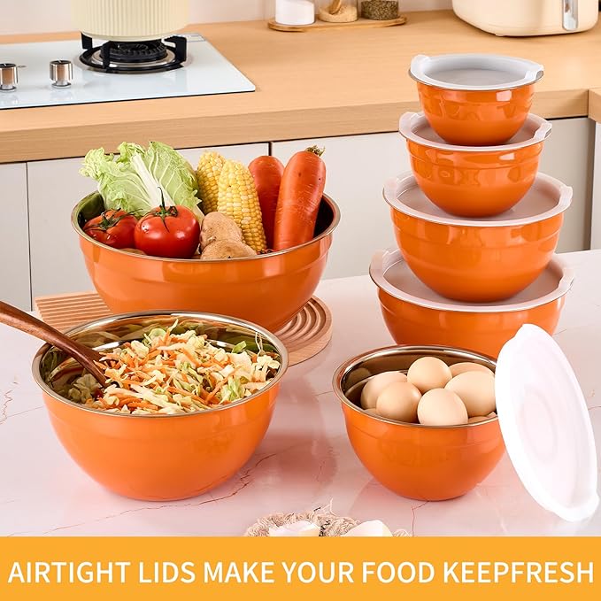 Orange Mixing Bowls with Airtight Lids, Stainless Steel Nesting Mixing Bowls Set of 7, Ideal for Baking, Prepping and Serving Food, Size 7, 3.6, 2.7, 2.1, 1.5, 1.1,0.8 QT, Stackable Design