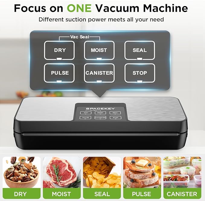 SPACEKEY Vacuum Sealer Machine, 85Kpa Food Vacuum Machine, Food Vacuum Sealer with Bag Roll Storage Space, Dry&Moist Modes, Pulse Function, Built in Cutter, Bag Roll included, Silver