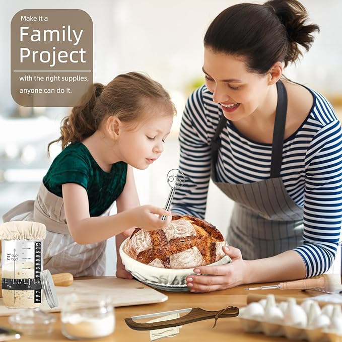 4 Color Complete sourdough bread makin Starter Kit,Sourdough Bread Baking Supplies for Beginner with Pot, Banneton Bread Proofing Baskets, Starter Jar, Scraper, Bread Making Tools & More (Red)