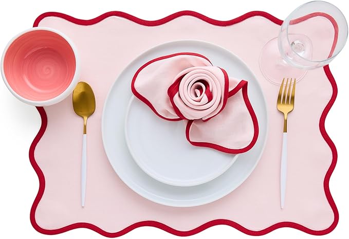 Solino Home Scallop Cloth Placemats Set of 4-100% Pure Linen Red and Pink Placemats 14 x 19 Inch - Giselle Scallop Edge, Handcrafted and Machine Washable