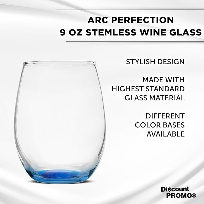 DISCOUNT PROMOS Stemless Wine Glass 9 oz. Set of 10, Bulk Pack - Great for Wedding Favors, Bachelorette Party and More - Blue Bottom Color