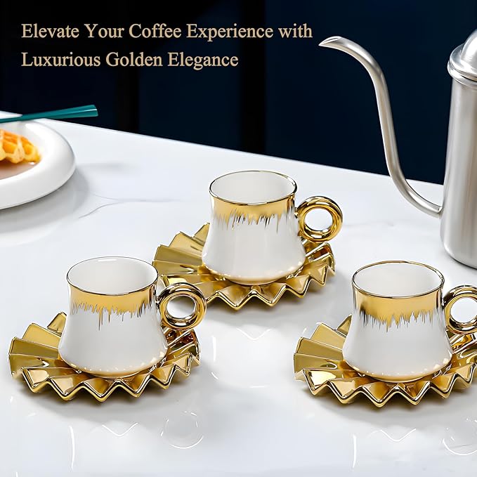 Turkish Coffee Cup - Tea Cups and Saucers Set of 6 with Gold Trim and Gift Box, 3.5oz Ceramic Cups for Turkish&Arabic Coffee, Cappuccino, Latte, Mocha, Au Lait, Double Espresso, Dishwasher Safe