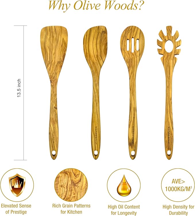 WONDERFUL 13.5 Inch Long Olive Wood Corner Spoon, Wooden Spoons for Cooking, Healthy Spoon & Spatula, Mixing/Serving, Non-Stick
