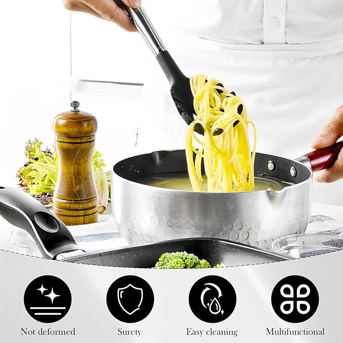 Silicone Spaghetti Spoon & Pasta Tong, Non-Stick Stainless Steel Handle Pasta Fork Set with Teeth, Food Clip for Spaghetti Noodle