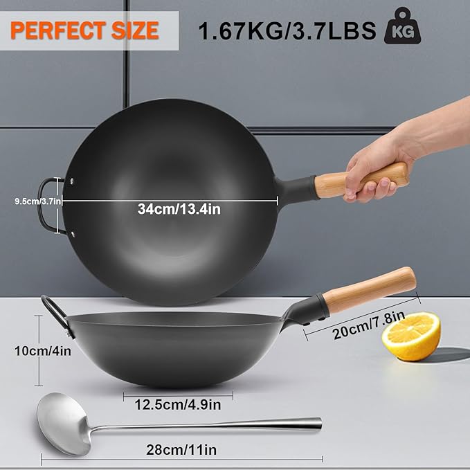 WANGYUANJI Iron Wok,13.38 inchTraditional Round-Bottom Wok, Chef’s Professional Stir-Fry Pan with Wooden Handle, Chemical-Free Wok for Gas Stoves and Round-Bottom Induction Stovetop(No lid included)
