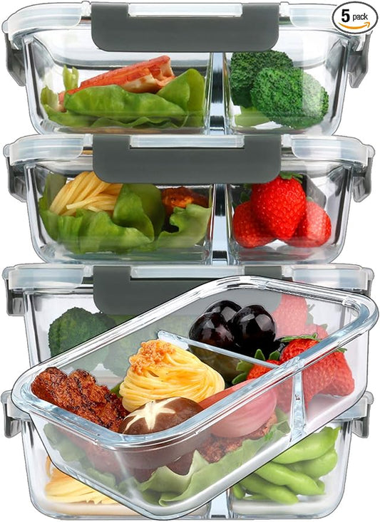 M MCIRCO [5-Pack,36 Oz] Glass Meal Prep Containers 2 Compartments Portion Control with Upgraded Snap Locking Lids Glass Food Storage Containers, Microwave, Oven, Freezer and Dishwasher (4.5 Cups)