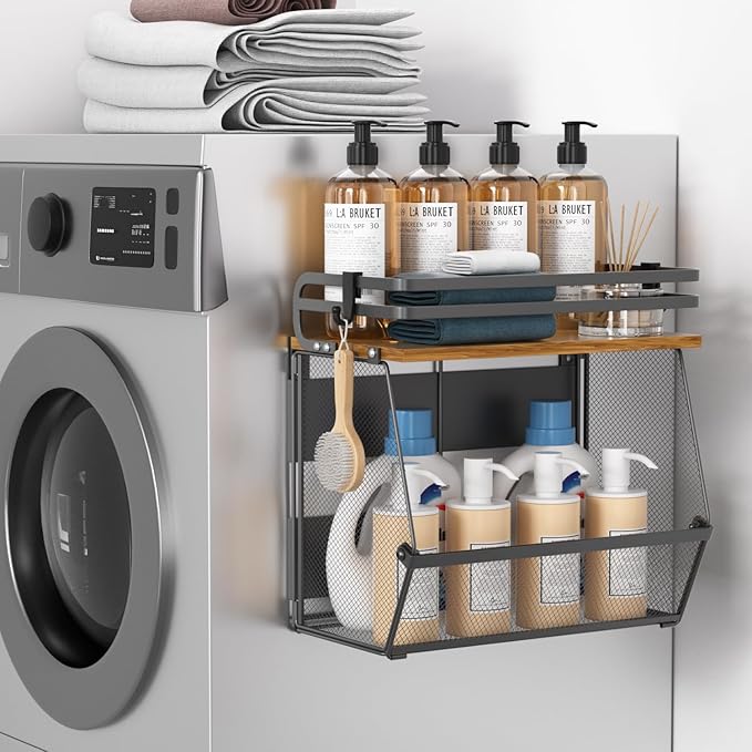 Magnetic Shelf for Fridge with Wood Lid, Extra-Large Capacity Magnetic Spice Rack for Refrigerator Kitchen Storage Bin for Fruit, Onion, Potatoes, Storage Organizer for Counter & Cabinet, Mesh Basket