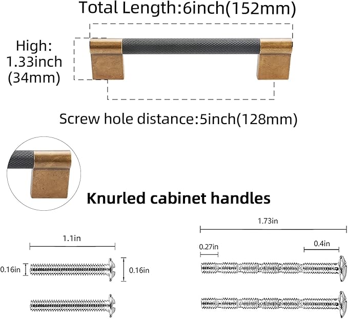 10 Pack 5 inch(128mm) Black and Antique Brass Kitchen Cabinet Handles Knurled Cabinet Pulls Black Drawer Pulls Kitchen Cabinet Hardware