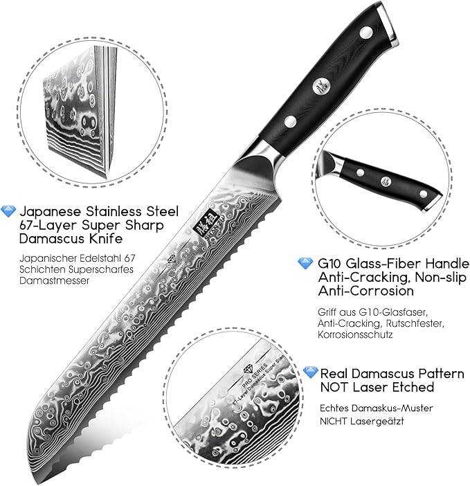 SHAN ZU Bread Knife 8 Inch Japanese Steel Damascus Serrated Knife Wave Edge, Professional Sharp 10Cr15Mov High Carbon Super Steel Cake Knife Bread Cutter with G10 Handle