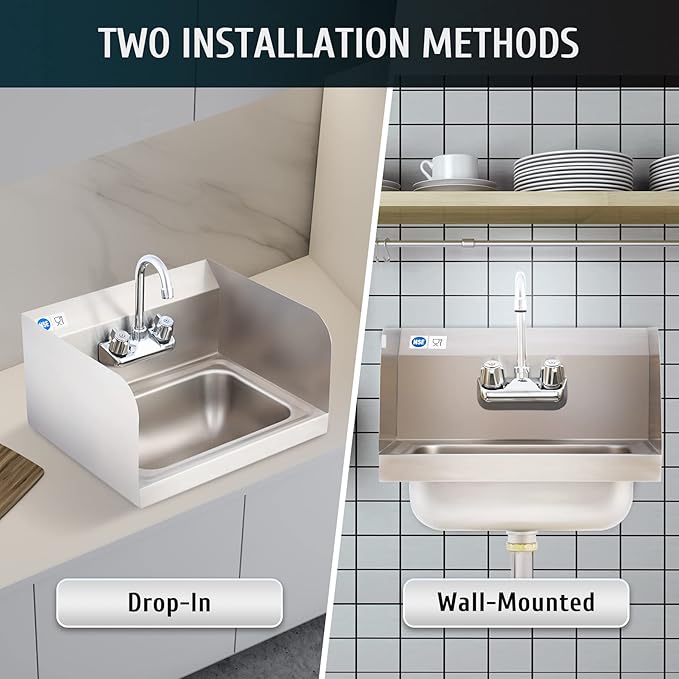 WILPREP Commercial Stainless Steel Sink for Hand Washing, NSF Commercial Utility Sink with Faucet and Side Splash, Wall Mount Kitchen for Restaurant Bar RV Bathroom Laundry Room (17 x 15 Inches)