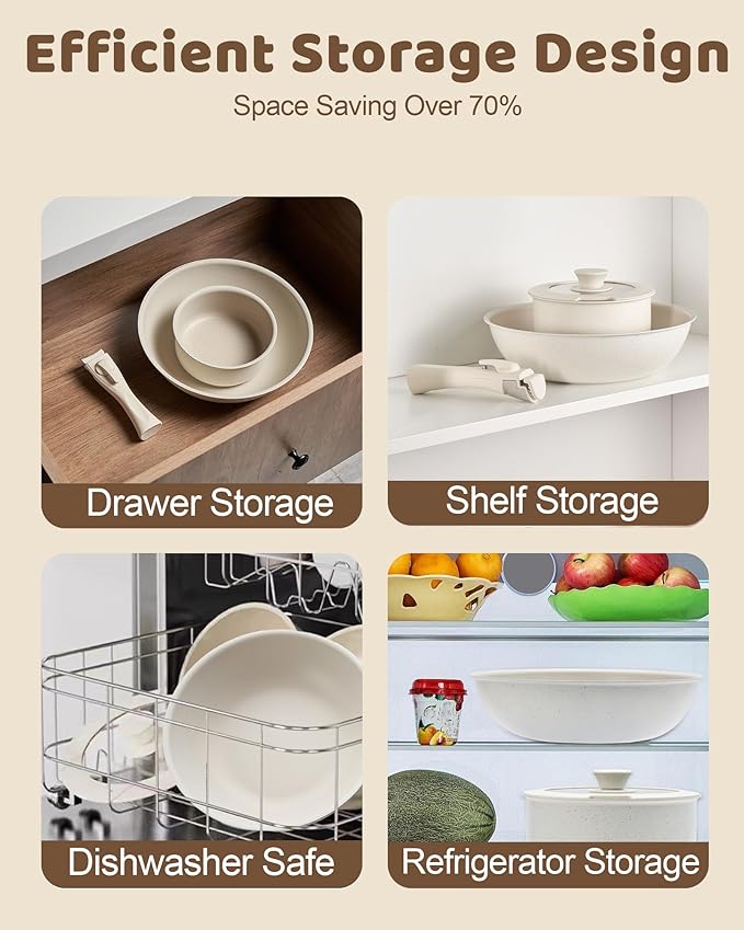 11Pcs Non Stick Pots and Pans Set | Ceramic Cookware Set with Detachable Handle | PFAS-Free, Oven & Induction Safe (White)