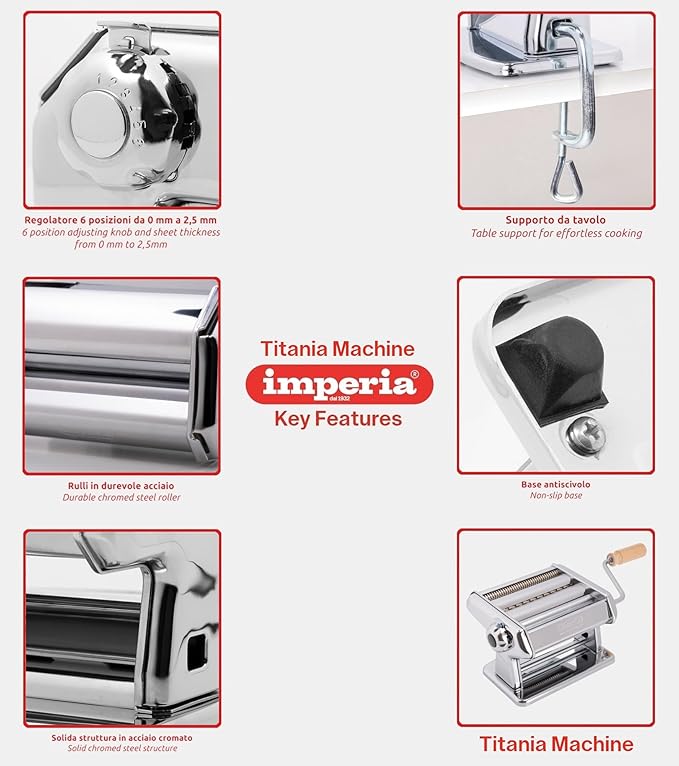 Imperia Titania Pasta Maker- Machine is 100% Made in Italy- Heavy Duty Steel Construction, Manual Roller with Wooden Handle- Cutter for Lasanga, Fettucine & More- Make Fresh Homemade Italian Noodles