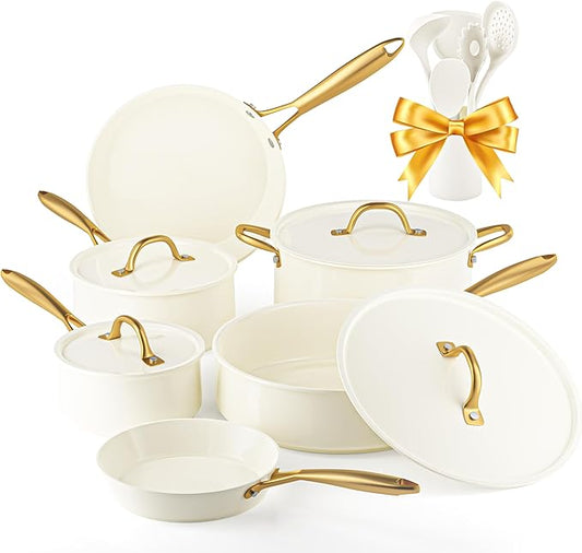 Pots and Pans Set Non Stick - VONIKI Ceramic Cookware Set with Cooking Utensils Set, Non Toxic Kitchen Cookware Sets Dutch Oven Pot with Lid Saucepan Set Sauté Pan Frying Pan Set for Cooking Gifts