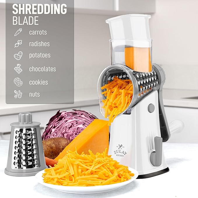 Zulay Kitchen Rotary Cheese Grater 5 Blade Cheese Shredder - Manual Hand Crank Cheese Grater With Reinforced Suction & 5 Interchangeable Drums - Easy to Use, Vegetable Chopper Round Mandoline Slicer