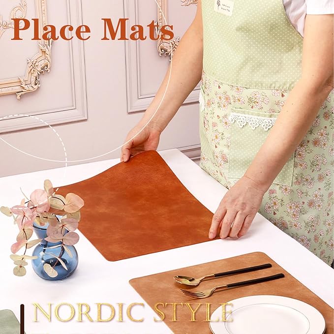 Placemats Set of 4, 12x17 Inch Faux Leather Heat Resistant (212℉) Place Mats, 100% Waterproof & Oil-Proof, Reversible Thickened PU Table Mats for Kitchen, Dining, Outdoor (Reddish Brown)