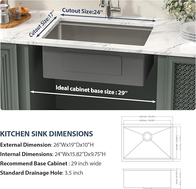 Lordear 26 Undermount Kitchen Sink Workstation 26x19 Stainless Steel Sinks 16 Gauge Deep Single Bowl Under Counter Kitchen Sink Basin with Cutting Board