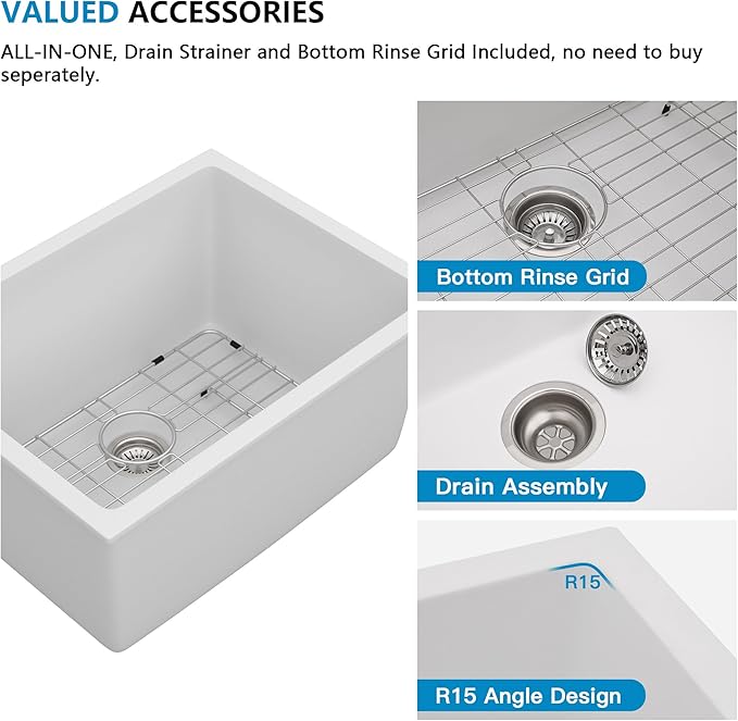 24 Undermount Laundry Sink - Fulorni 24"x18" Laundry Room Utility Sink White Granite Composite Quartz Classic 12 Inch Deep Single Bowl Under Counter Basin
