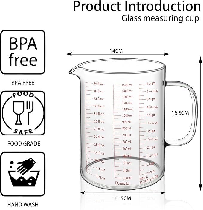 BCnmviku Glass Measuring Cups High Borosilicate [Insulated Handle | V-Shaped Spout]For Prepping Baking and Cooking Preheated Oven Dishwasher Freezer and Microwave Safe (1500ML)
