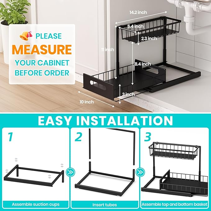 FUNFERY 2 Pack Under Sink Organizers and Storage,Pull-Out Cabinet Organizer,Under Kitchen Sink,Cabinet,Bathroom Organizers and Storage,L Shaped Pantry Organizer for Kitchen Storage Organization,Black