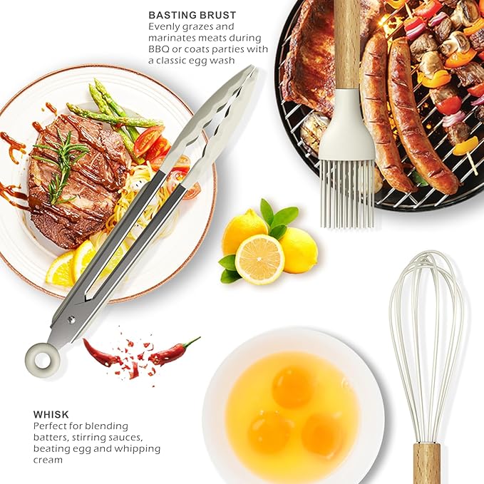 Silicone Cooking Utensils Set - 446°F Heat Resistant Silicone Kitchen Utensils for Cooking,Kitchen Utensil Spatula Set w Wooden Handles and Holder, BPA FREE Gadgets for Non-Stick Cookware (Khaki)