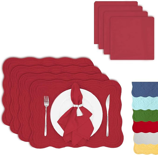 Christmas Placemats Set of 4 with Matching White Cotton Napkins – 4 Piece Table Mats & 4 Cloth Napkins – Quilted Table Linen Set for Everyday & Holiday Dining (4, Red)
