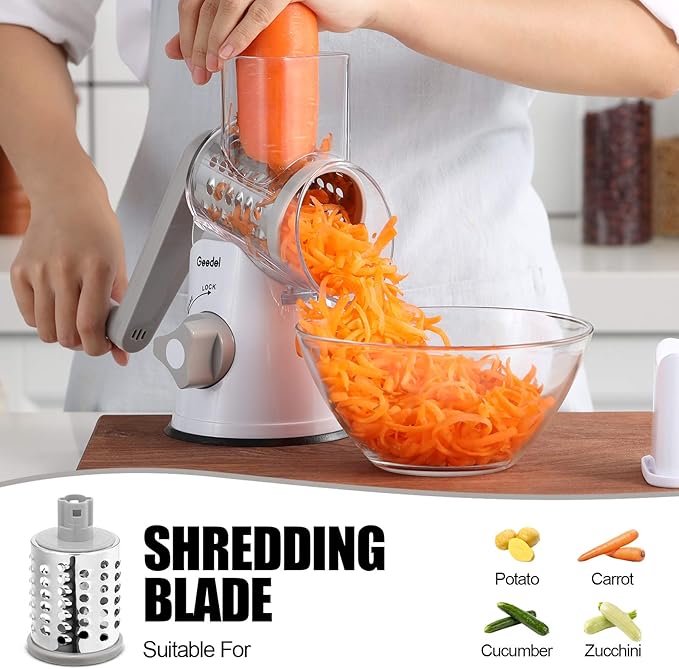 Geedel Rotary Cheese Grater, Kitchen Mandoline Vegetable Slicer with 3 Interchangeable Blades, Easy to Clean Rotary Grater Slicer for Fruit, Vegetables, Nuts