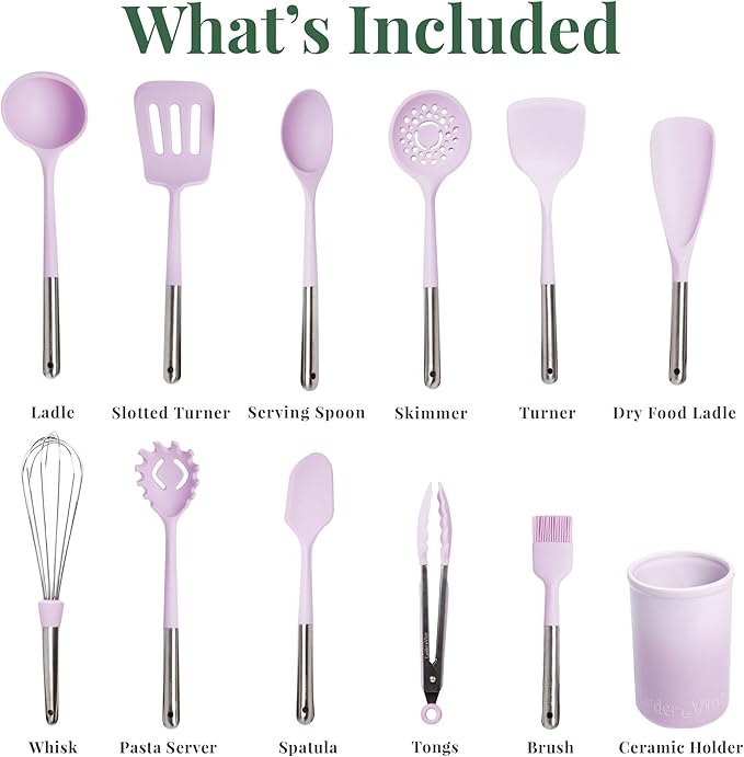Larder & Vine 12-Piece Silicone Kitchen Cooking Utensils Set with Stainless Steel Handle and Ceramic Holder, Dishwasher Safe Set of Kitchen Essentials (Lavender)
