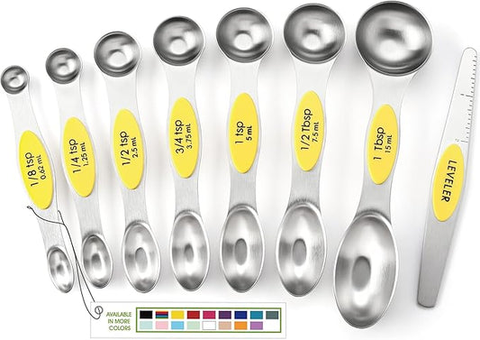 Spring Chef Yellow Stainless Steel Magnetic Measuring Spoons Set of 8 with Leveler, Dual Sided Metal Teaspoon & Tablespoon Measuring Spoons, Kitchen Gadgets for Baking & Cooking, Fits in Spice Jars